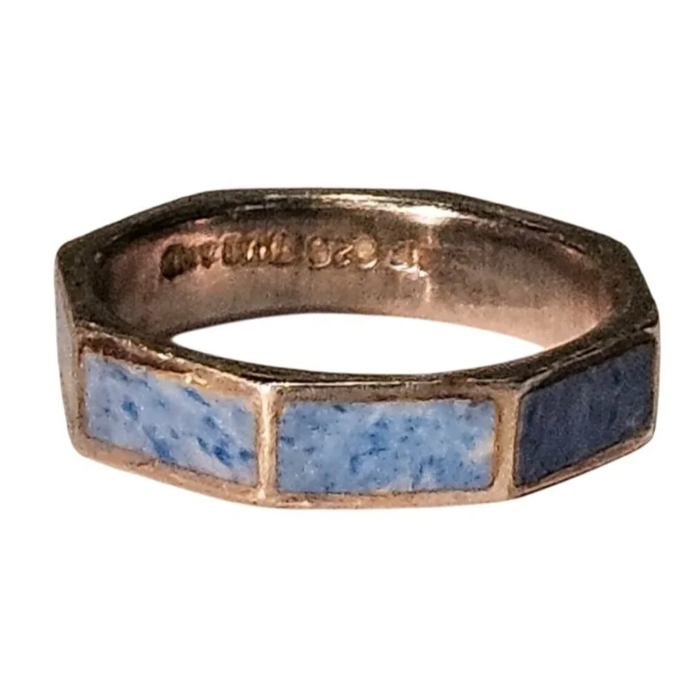 Sterling Silver Ring Toe Pinky‎ W/ Blue Enamel Inlay Octagon